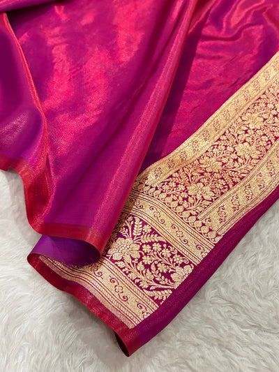 Magnetic Red Shades Cross Pattern Banarasi Satin Silk Saree SS50