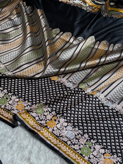 Banarasi Black Shades Floral Minakari Skirt Border Mashru Silk Saree MSM-83