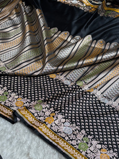 Banarasi Black Shades Floral Minakari Skirt Border Mashru Silk Saree MSM-83