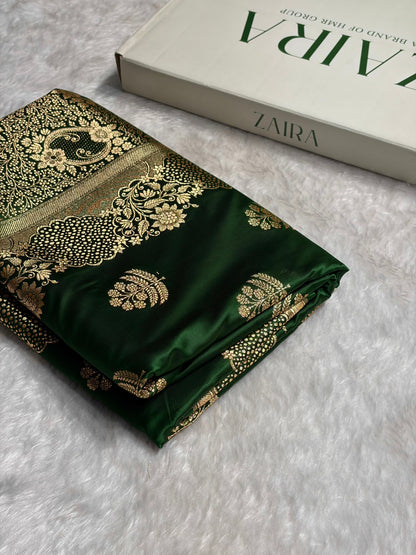 Bottle Green Unique Boota Pattern Satin Katan Silk Saree SK70