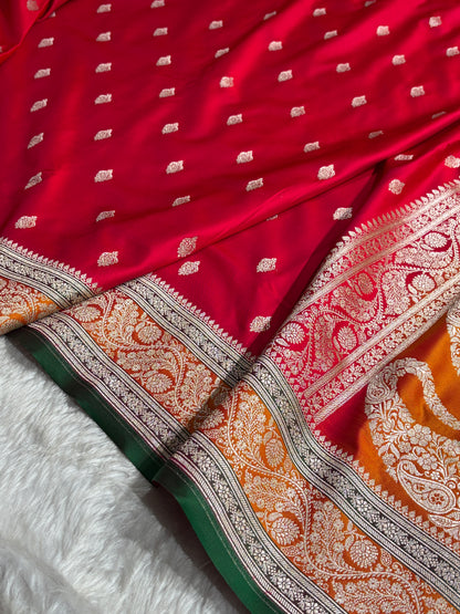 Banarasi Cross Red With Contrast Mustard Floral Border Mashru Silk Saree MSM-101