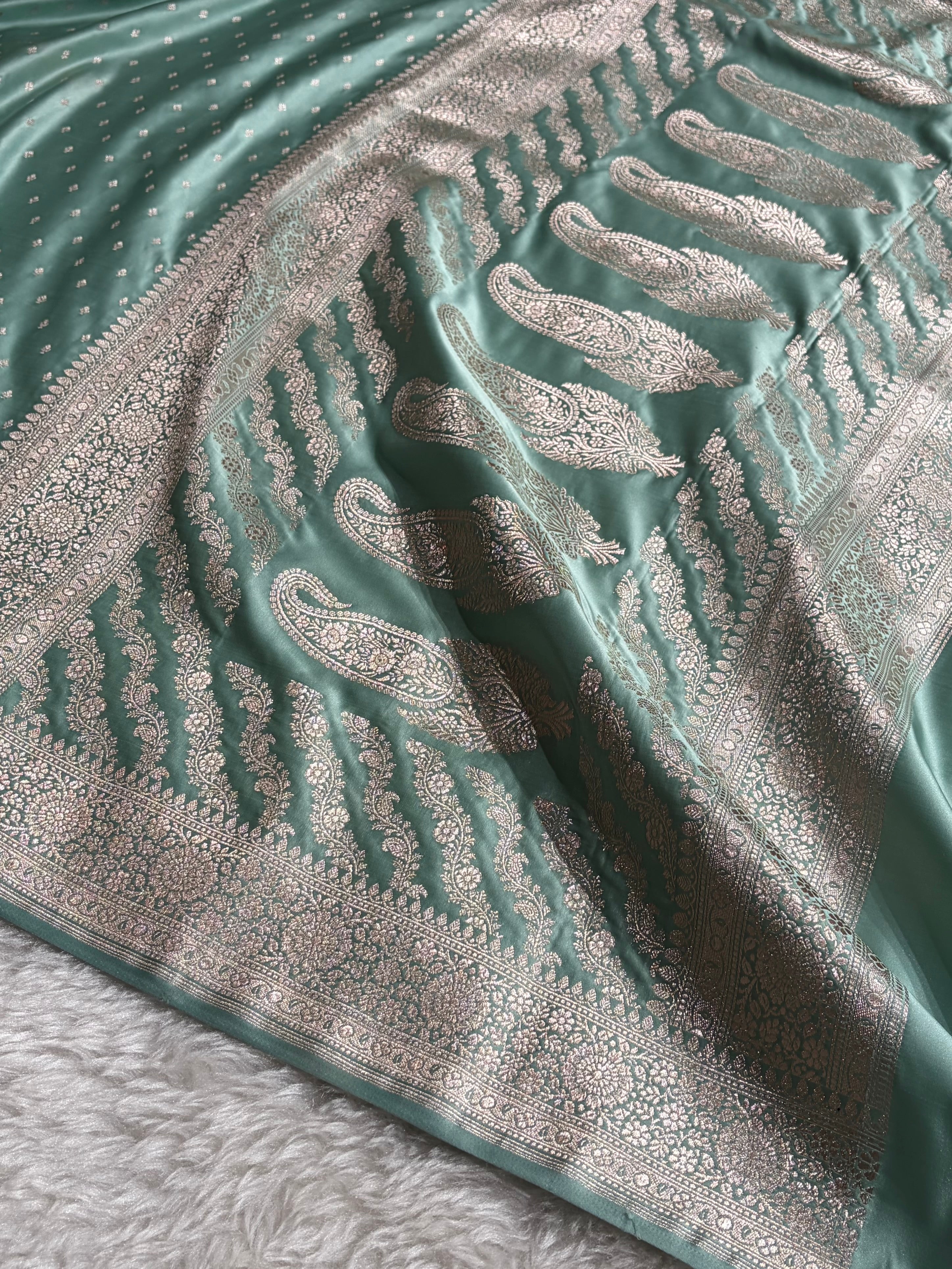 Sea Green Shades Banarasi With Floral Booti Pattern Mashru Silk Saree MSM-133