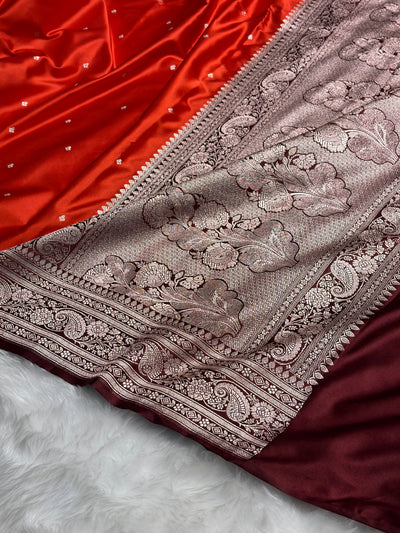 Contrast Rust Orange with Chocolate Shades Booti Mashru Silk Saree MCS64