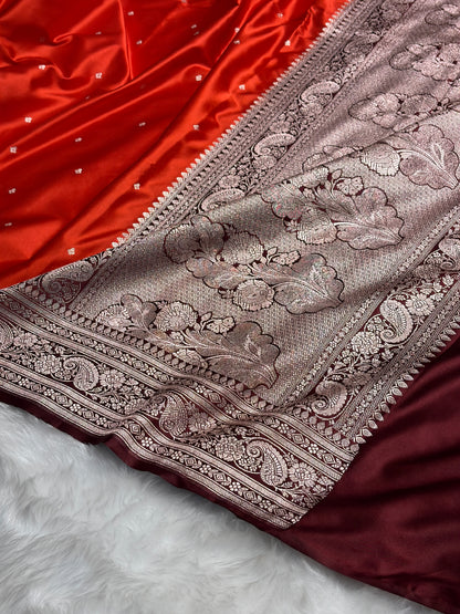 Contrast Rust Orange with Chocolate Shades Booti Mashru Silk Saree MS64