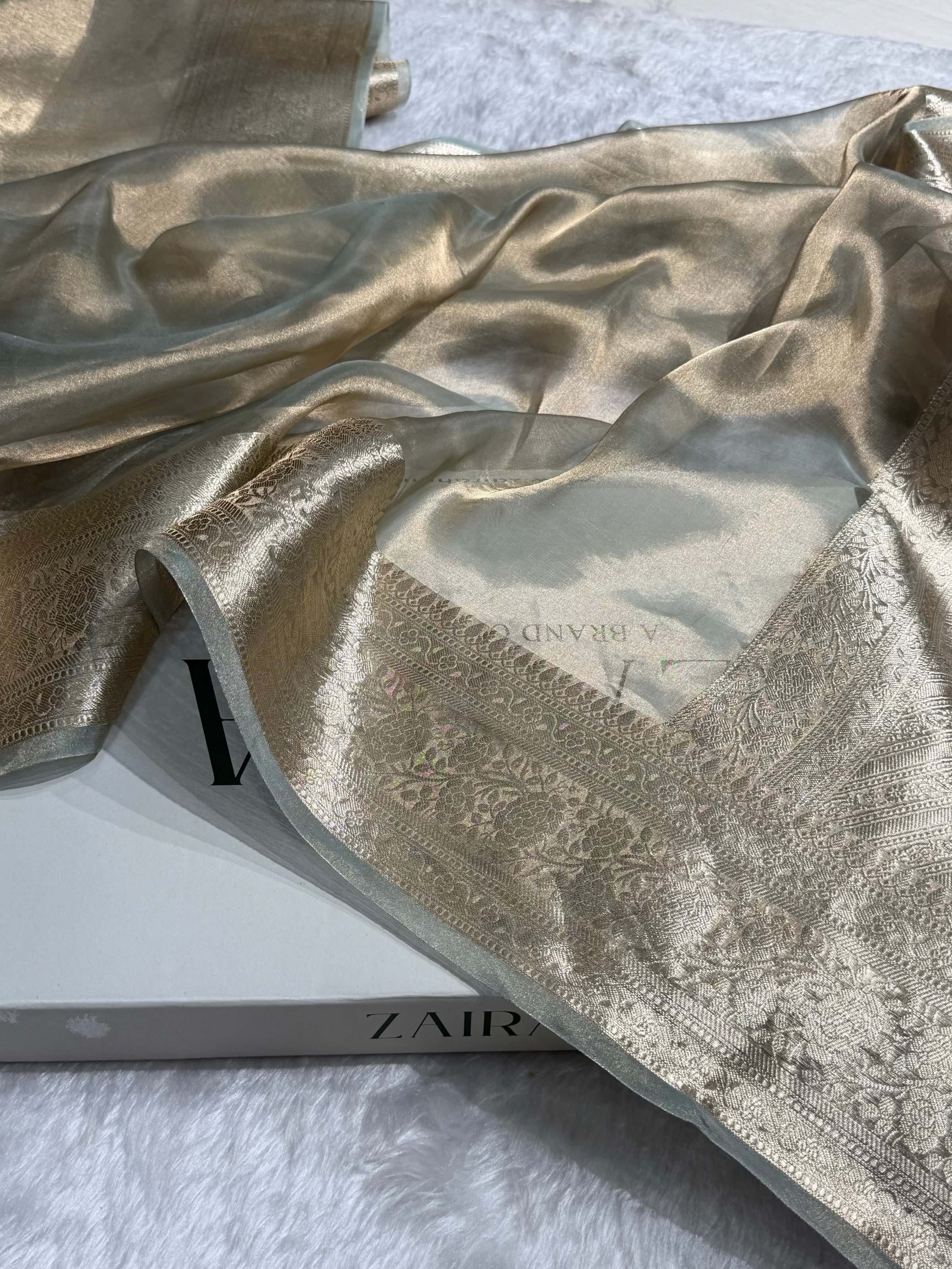 Turquoise Grey Shades Pure Tissue Silk Saree with Brocade Blouse PT-08