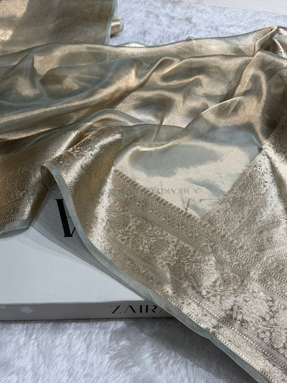 Turquoise Grey Shades Pure Tissue Silk Saree with Brocade Blouse PT-08