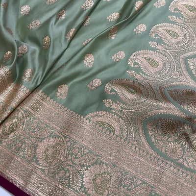Floral boota Satin katan Silk Saree In Pista Shades SK12