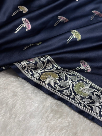 Navy Blue Shades Banarasi Minakari Floral Booti Mashru Silk Saree MS55