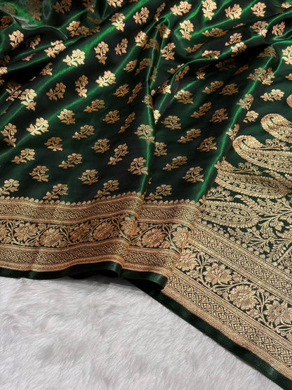 Bottle Green Shades Banarasi Satin Silk Saree SS34