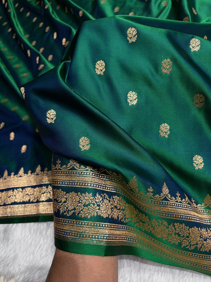 Cross Green Floral Pattern Satin Katan Silk Saree SK76