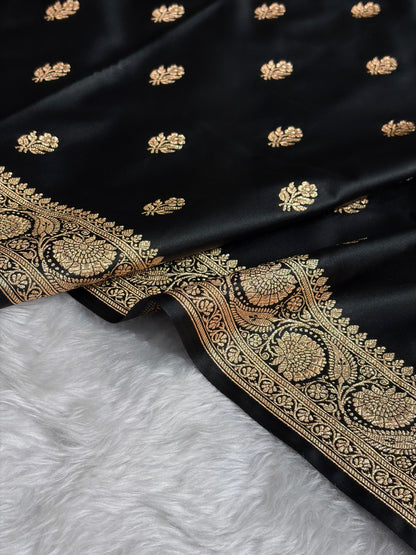 Black Floral Boota Pattern Satin Katan Silk Saree SK71