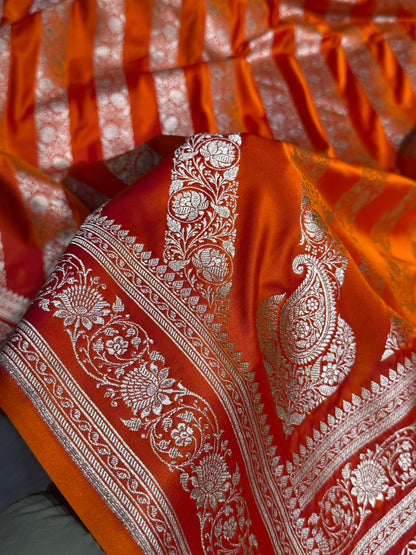 Orange Shades Banarasi Cross Pattern Floral Mashru Silk Saree MSM-102