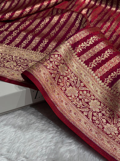 Reddish Magenta Shades Stripe Pattern Banarasi Satin Silk Saree SS46