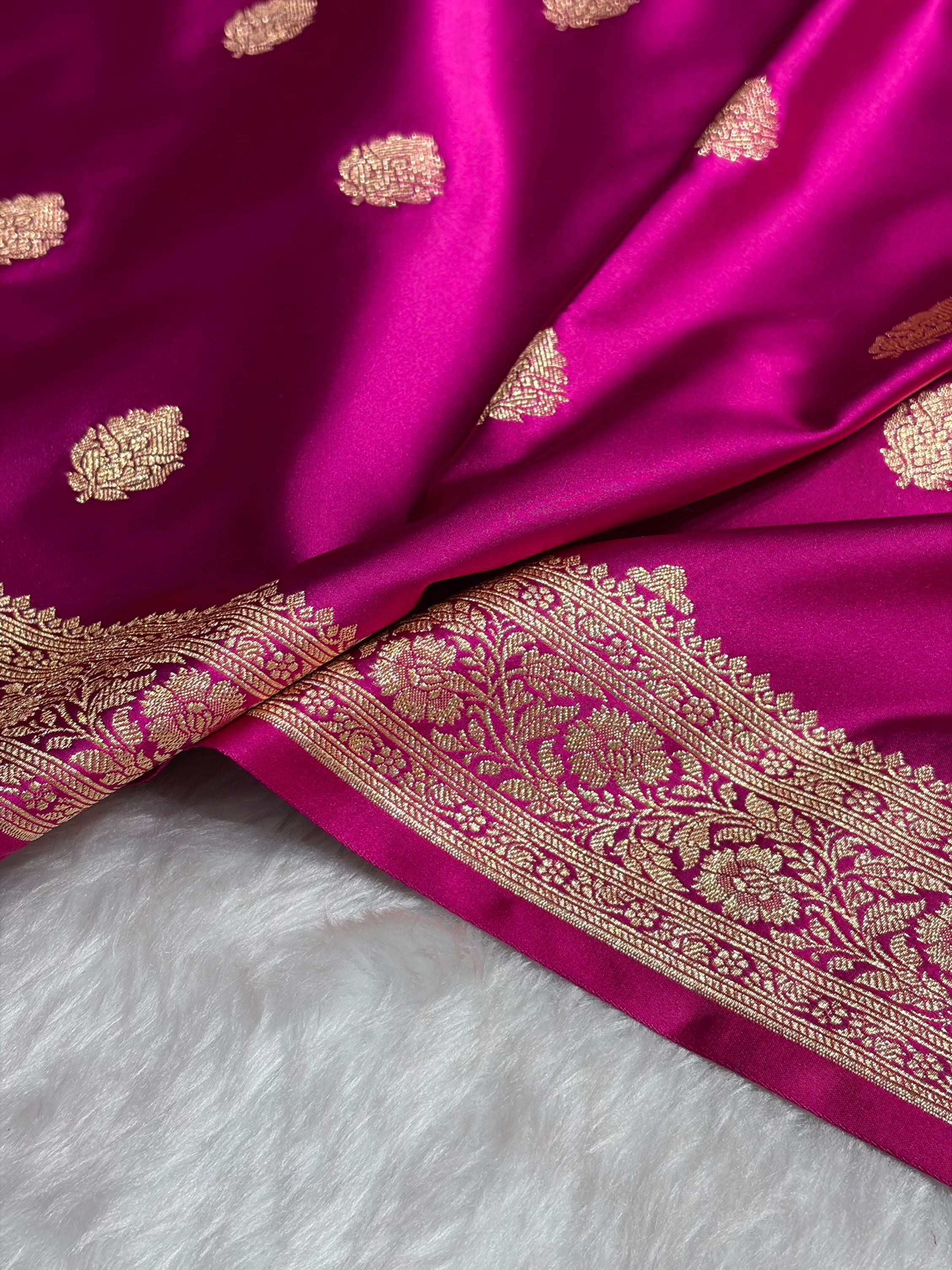 Cross Magenta Booti Pattern Satin Katan Silk Saree SK65