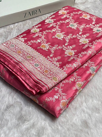 Baby Pink Minakari Floral Jaal Mashru Silk Saree MCS28