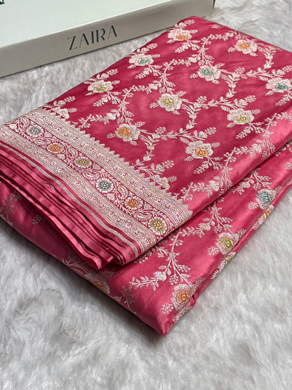 Baby Pink Minakari Floral Jaal Mashru Silk Saree MS28