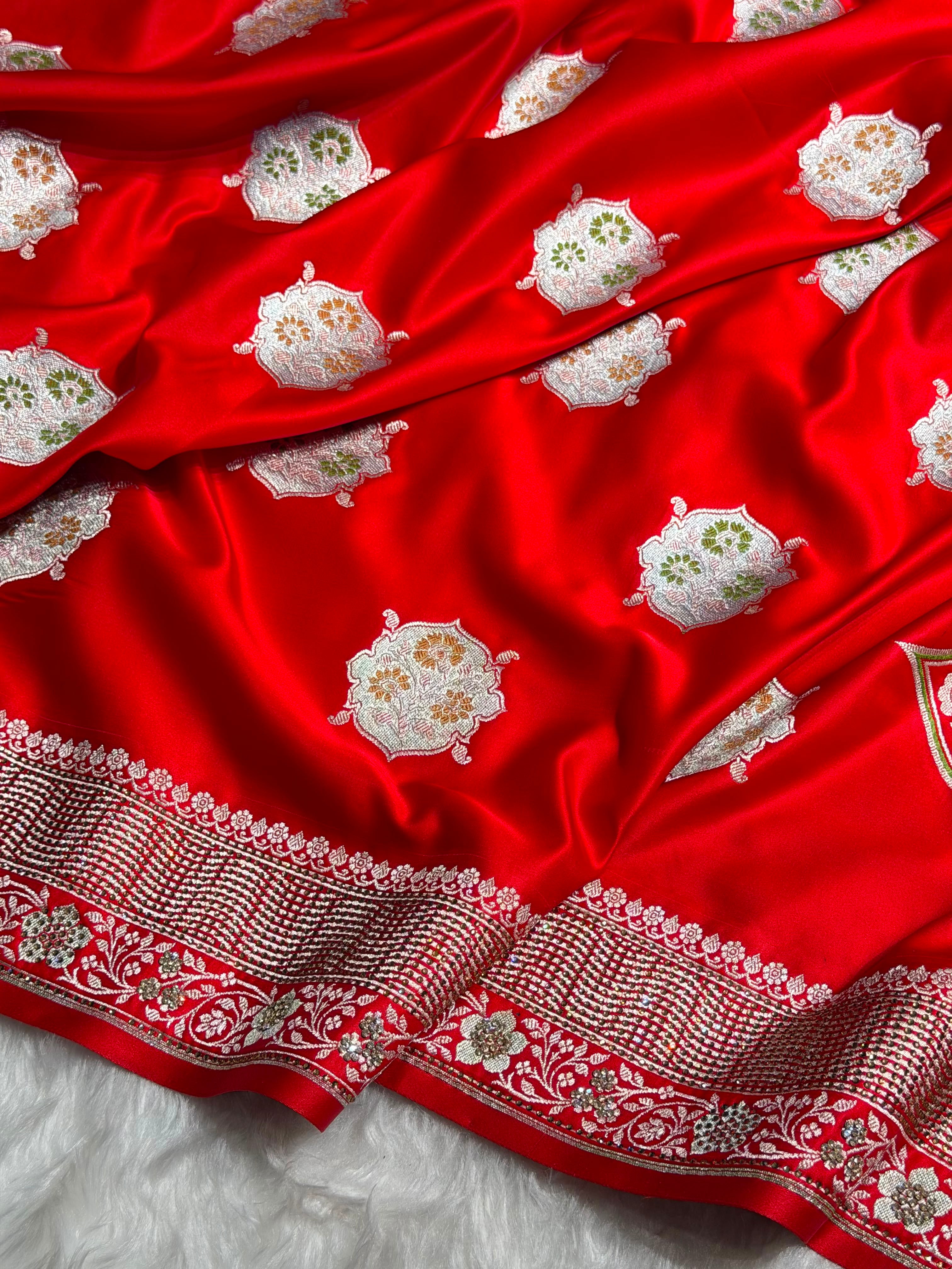 Premium Banarasi Satin Katan Saree Swarovski Work Minakari Booti Pattern in Red Shades BSK04