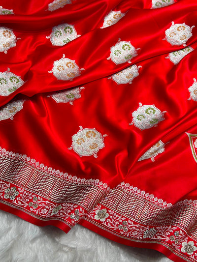 Premium Banarasi Satin Katan Saree Swarovski Work Minakari Booti Pattern in Red Shades BSK04