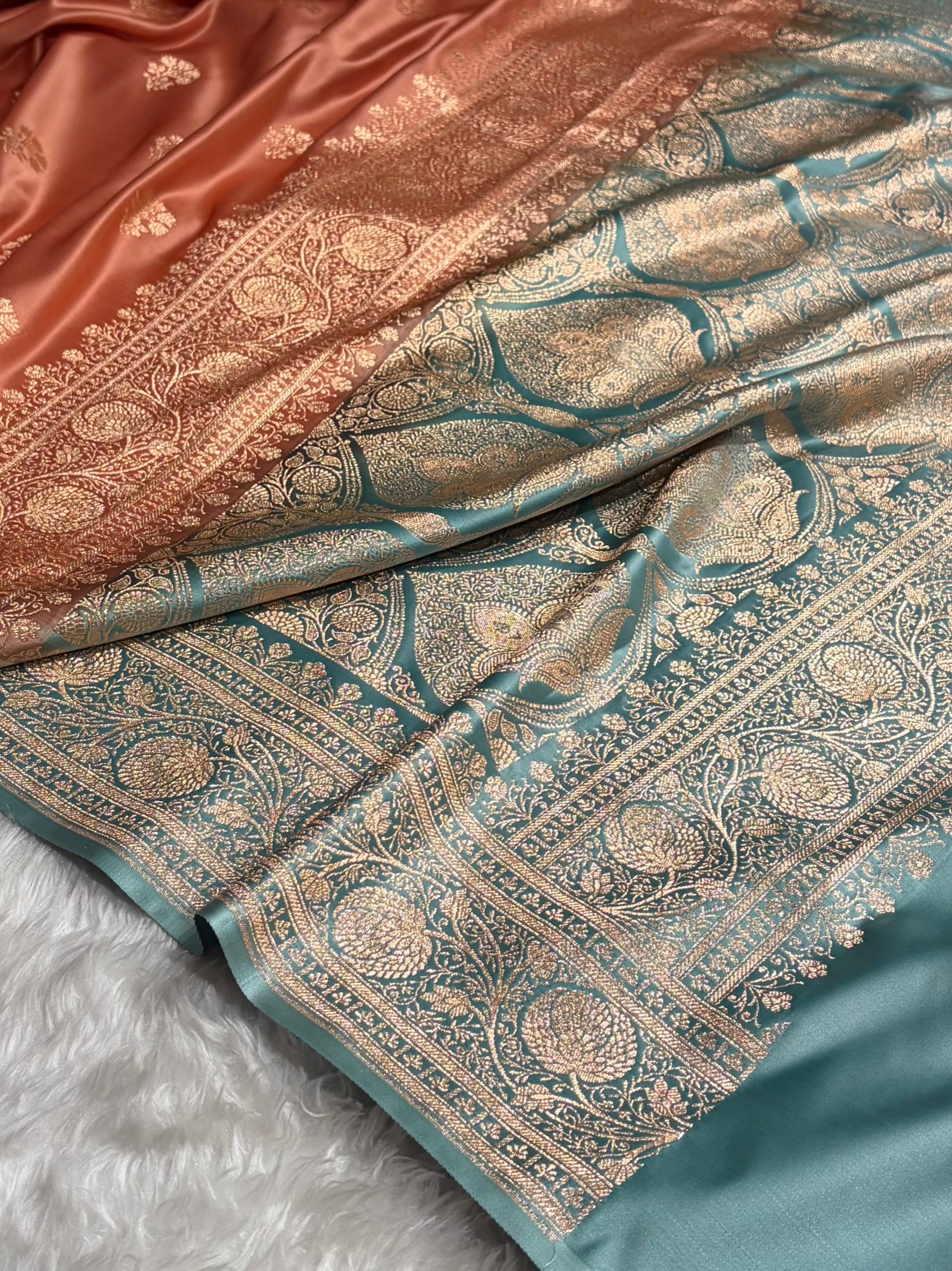 Rose Peach - Turquoise Banarasi Boota Katan Silk Saree SKM29