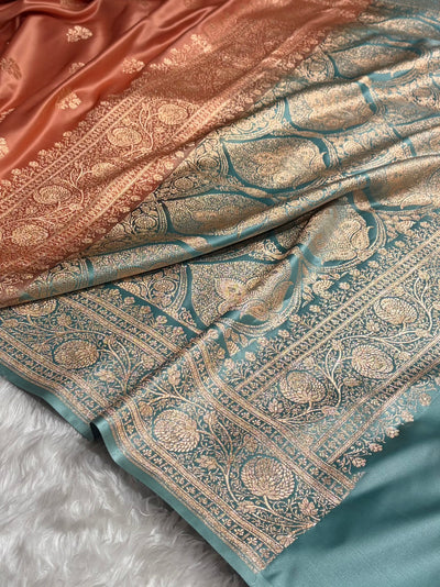 Rose Peach - Turquoise Banarasi Boota Katan Silk Saree SKM29