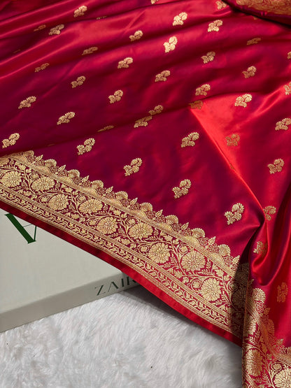 Reddish Magenta Shades Floral Booti Motif Satin Katan Silk saree SK61