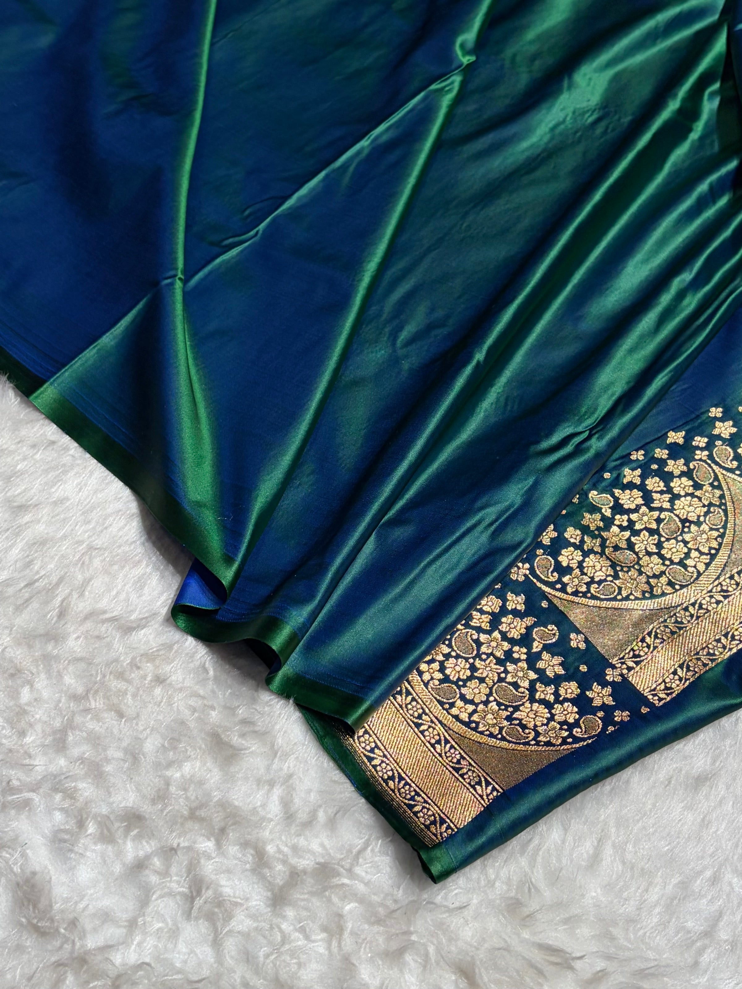 Cross Green Floral Banasari Pattern Satin Katan Silk Saree SK83