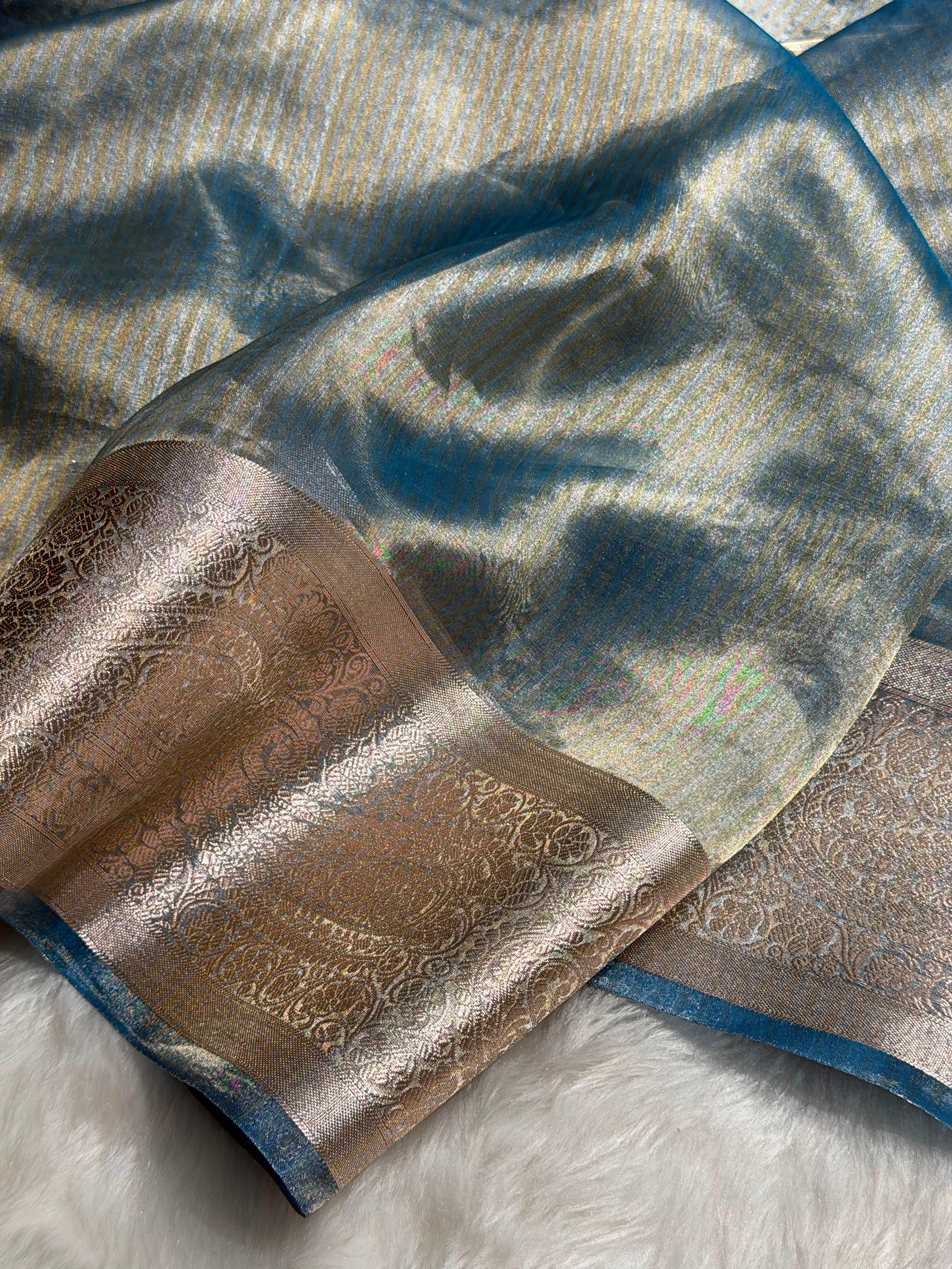 Pastel Blue Tissue Bananasi Floral Pure Tissue Silk Saree PT-57