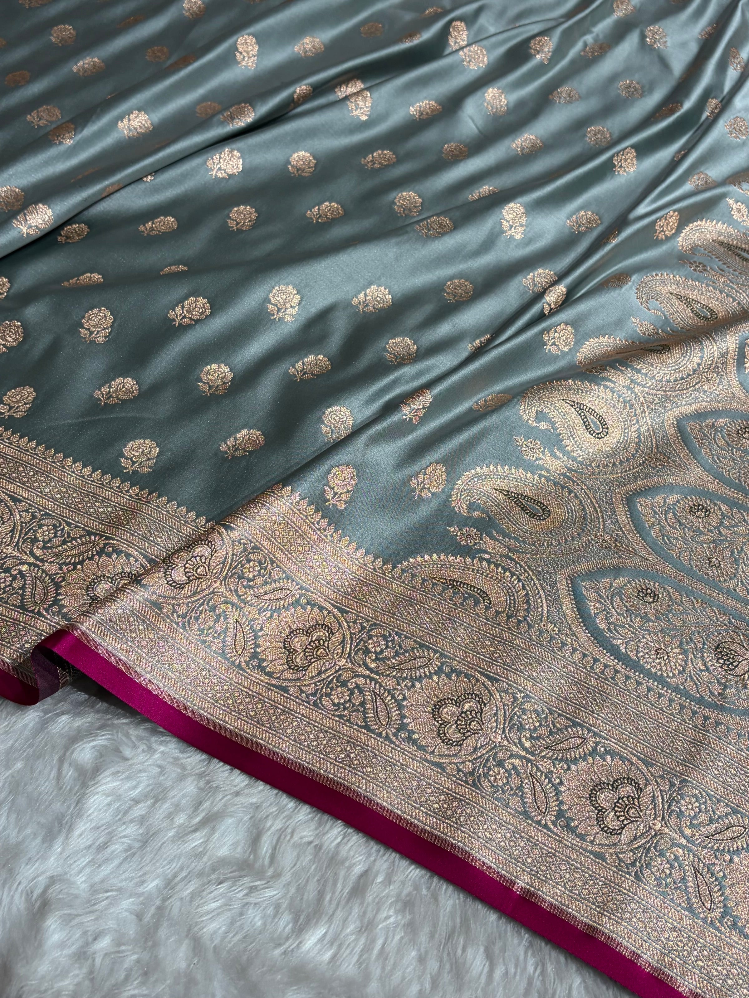 Floral boota Satin katan Silk Saree In Turquoise Shades SK12