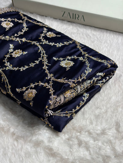 Banarasi Navy Blue Shades Jaal Mashru Silk Saree With Ari Stone Work BMCS44