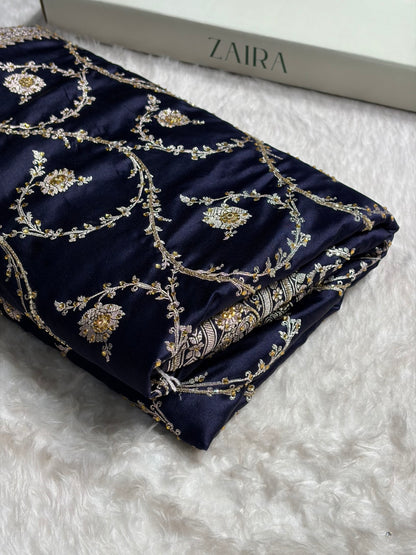 Banarasi Navy Blue Shades Jaal Mashru Silk Saree With Ari Stone Work BMS44
