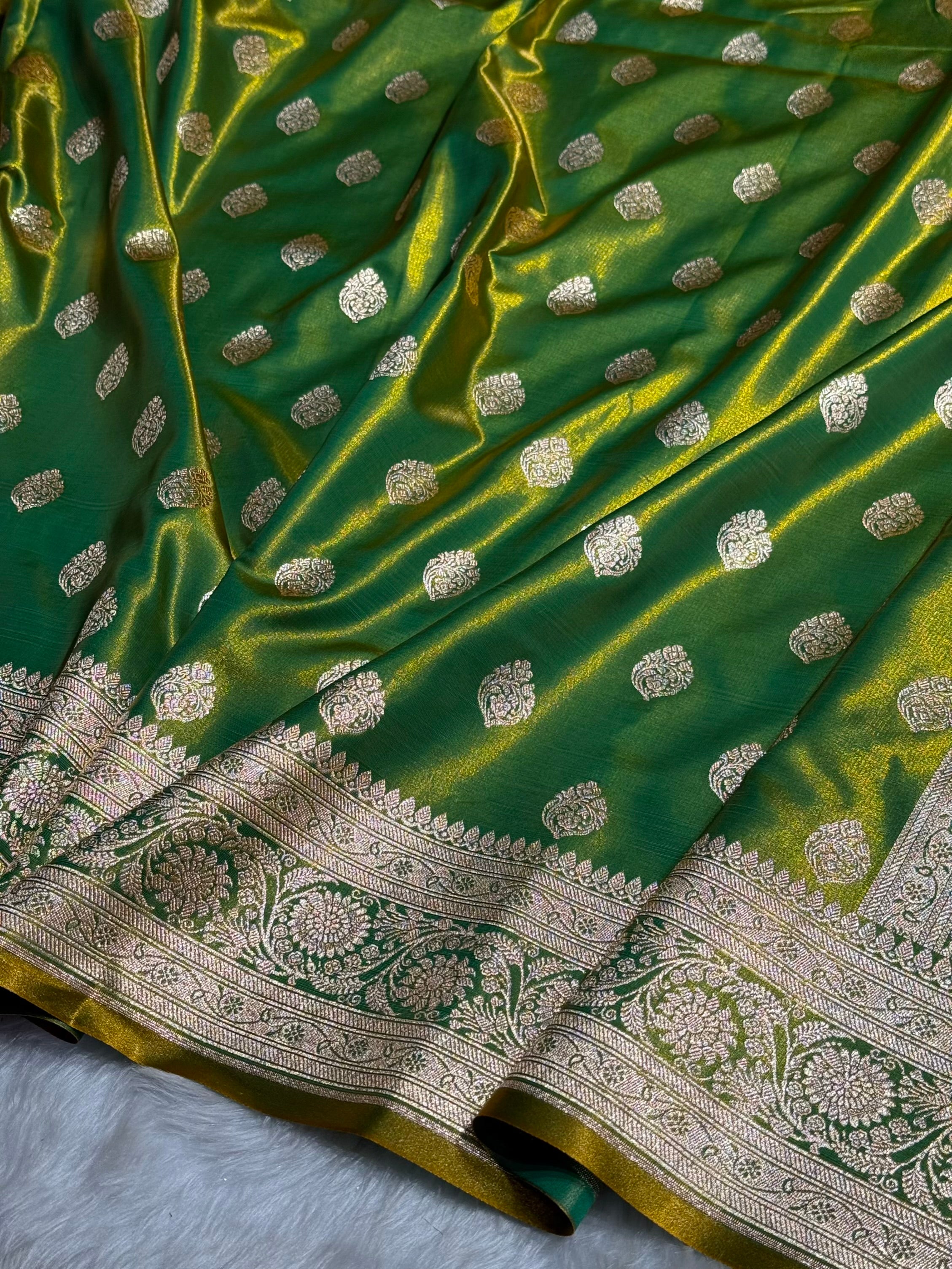 Ultra Light Weight Satin Silk Boota in Liril Green Shades SS03