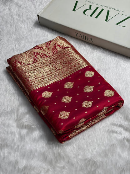 Red Unique Boota Pattern Satin Katan Silk Saree SK69