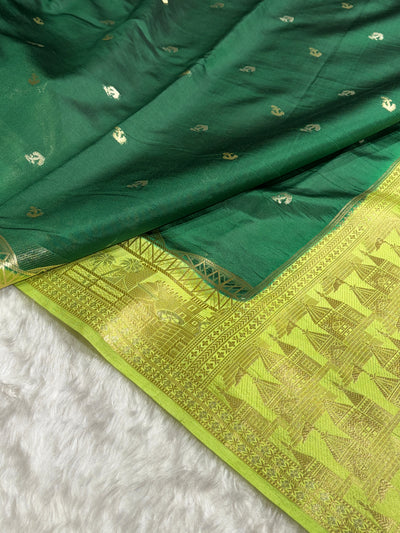 Banarasi Bottle Green With Lemon Contrast Shade Flower Boota Pure Caramel Mango Silk Saree CS-18