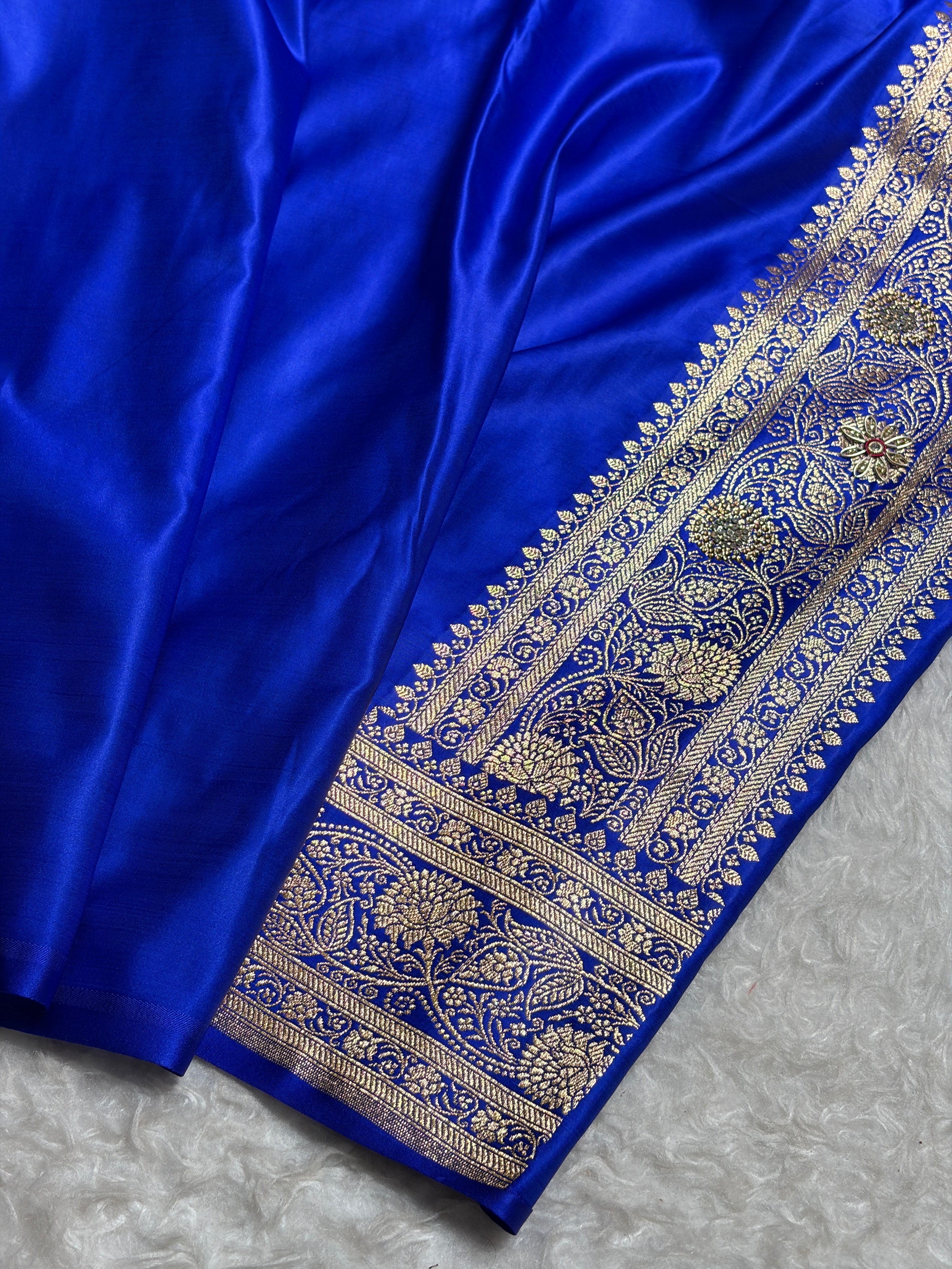 Royal Blue Shades Floral With Zardozi Work In Jaal Pattern Satin Katan Silk saree BSK55