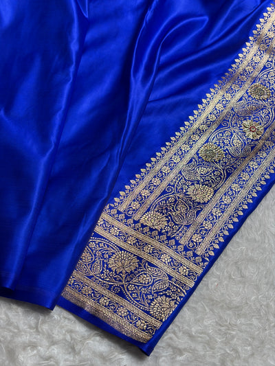 Royal Blue Shades Floral With Zardozi Work In Jaal Pattern Satin Katan Silk saree BSK55
