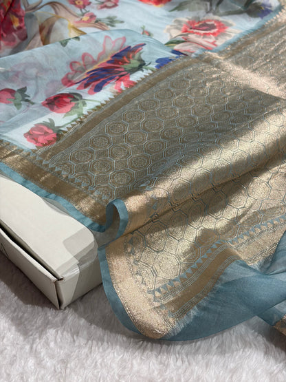 Organza with Pastel Multicolor Florals & Gold Zari Border POP18