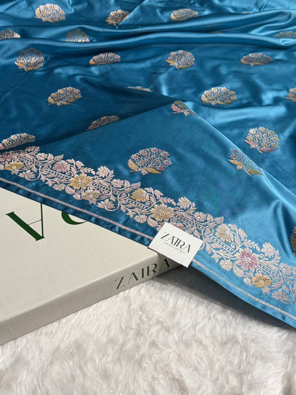 Sky Blue Mashru Silk Saree With Allover Floral Boota MS21