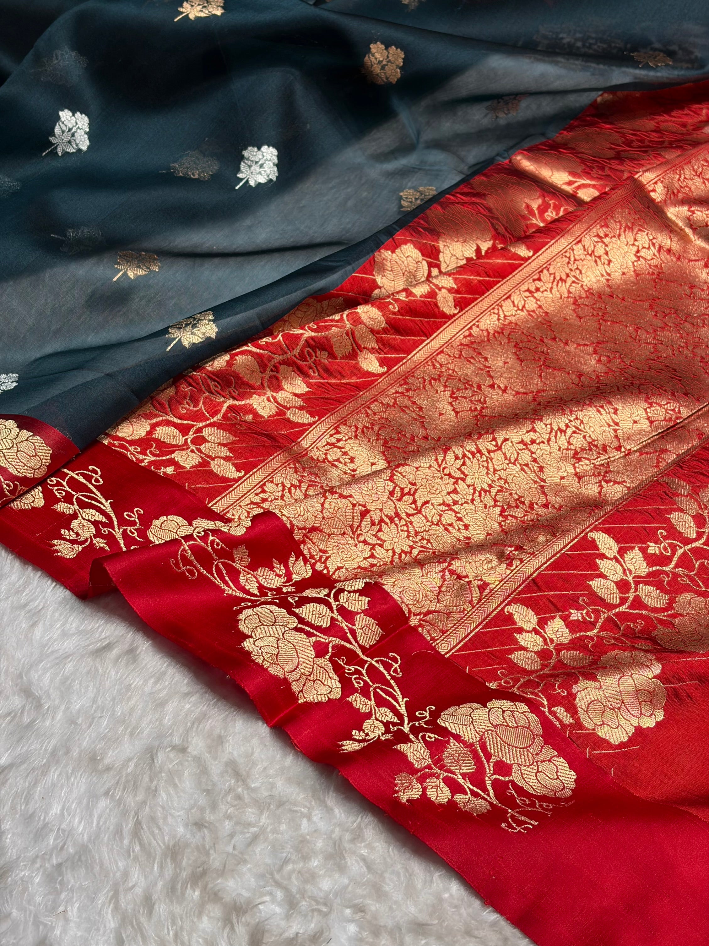 Contrast Pure Banarasi Organza Dark Rama With Maroon Floral Banarasi Silk Saree PO-13