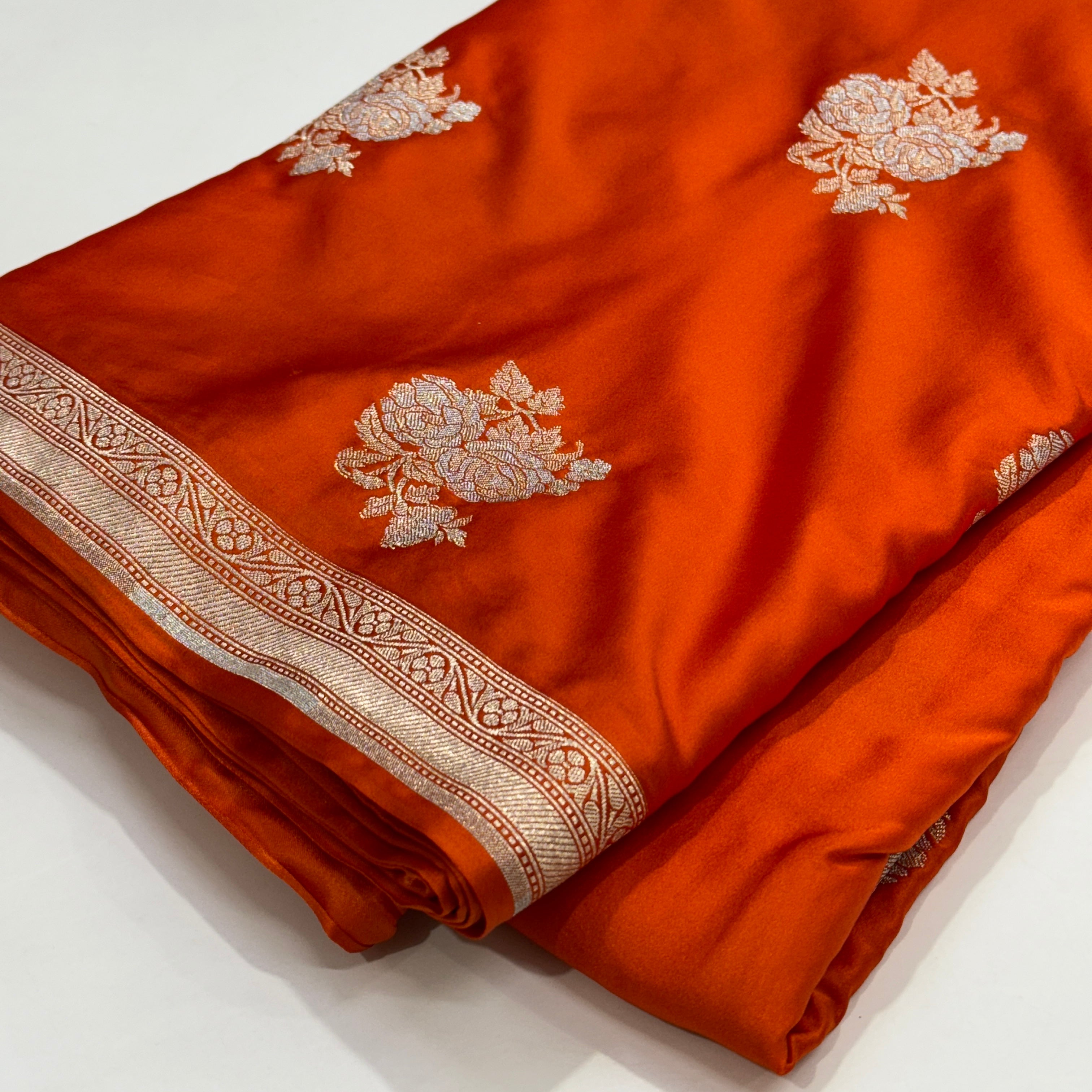 Orange Sona Rupa Floral Motif Mashru Silk Saree