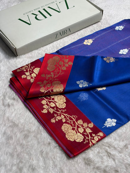 Contrast Pure Banarasi Organza Royal Blue With Maroon Floral Banarasi Silk Saree PO-13