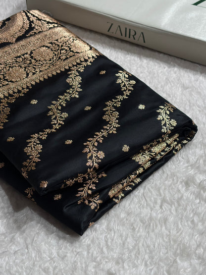 Banarasi Satin Katan Saree With Boota in Black Shades SK108