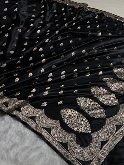 Banarasi Black Scallop Mashru Silk with White Stone Swarovski work BMS02