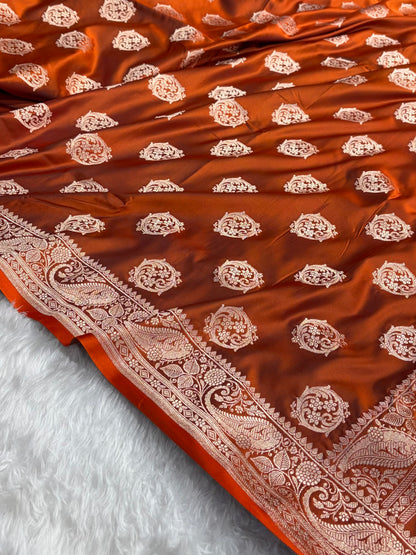 Rust Shades Banarasi Boota Pattern Floral Mashru Silk Saree MSM-104