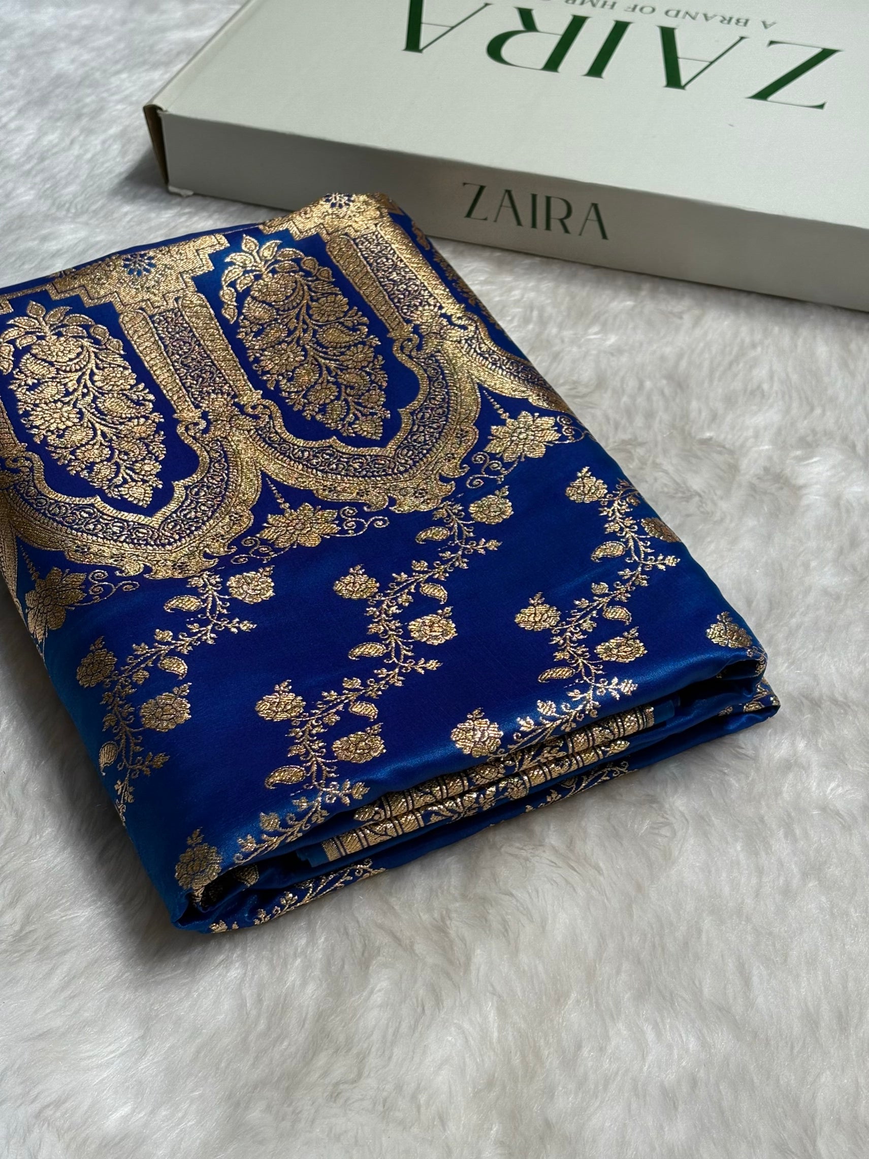 Royal Blue Shades Banarasi  Cross Jaal Satin Silk Saree SS11