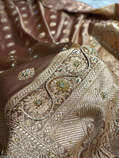 Banarasi Boota Katan Silk Saree In Tusser Shades With Ari Zardozi Work BSK02