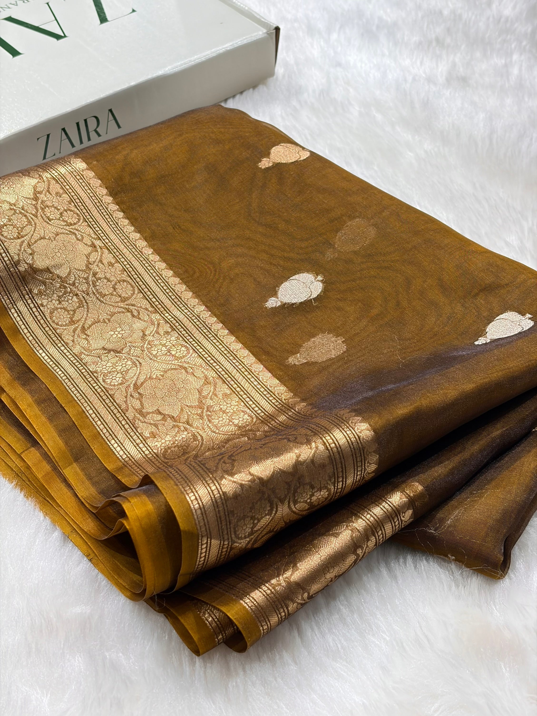 Dark Mustard Bananasi Floral Shades Pure Tissue Silk Saree PT-38