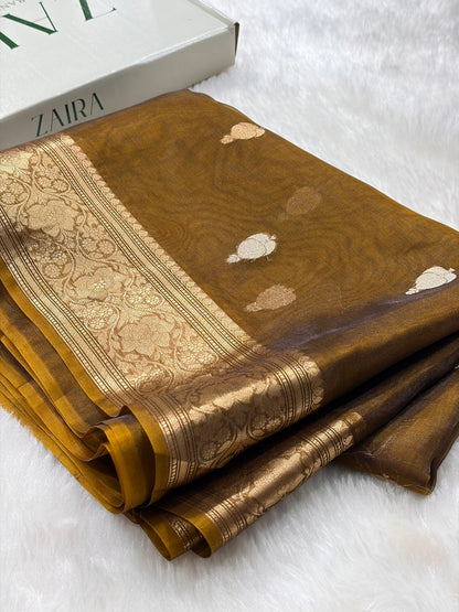 Dark Mustard Bananasi Floral Shades Pure Tissue Silk Saree PT-38
