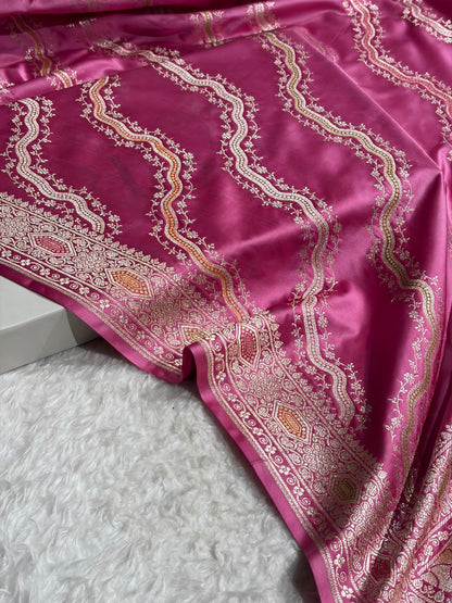 Banarasi Minakari Cross Pattern in Pink Shades Floral Mashru Silk Saree MS93