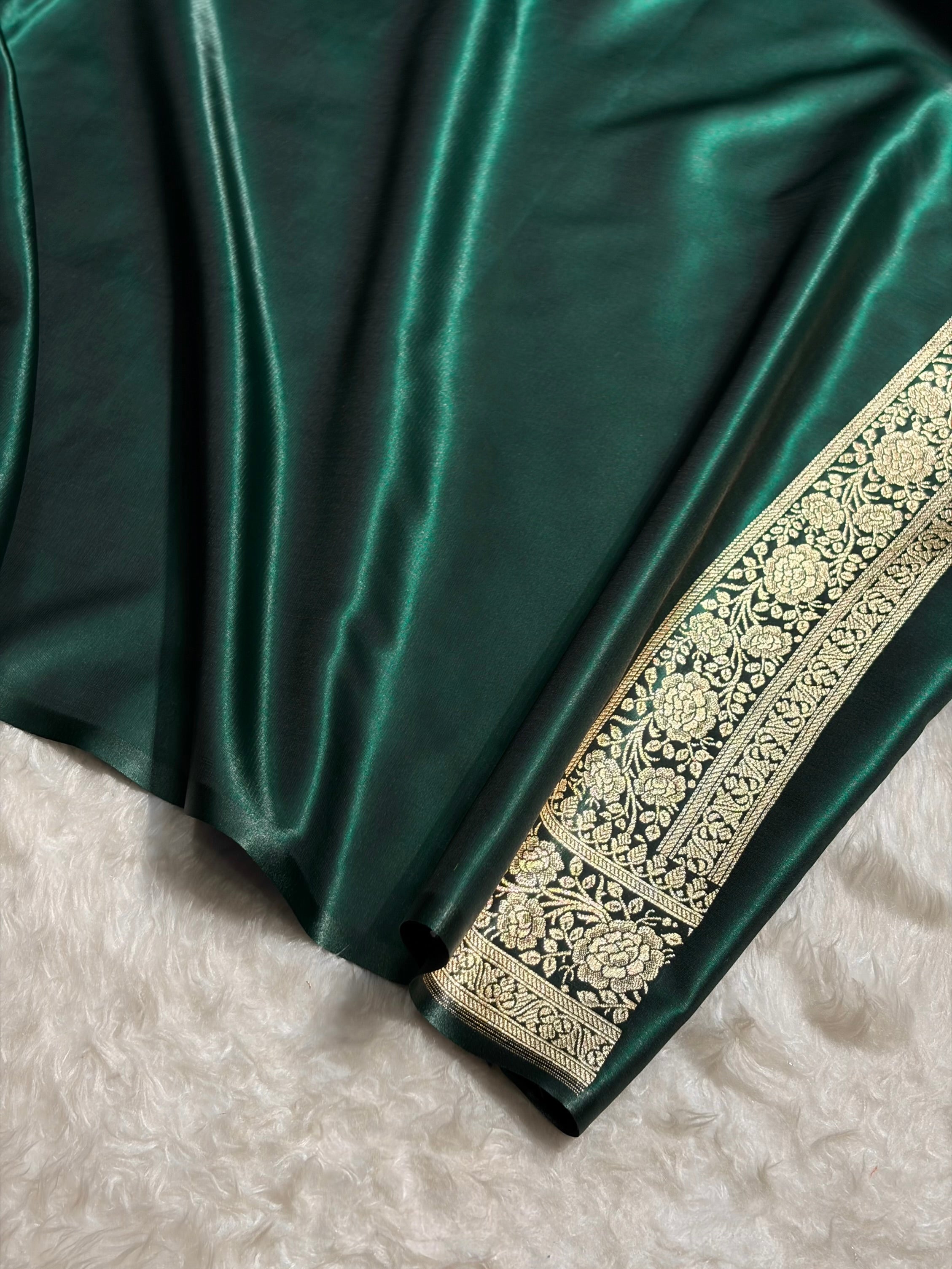 Banarasi Dark Bottle Green Shades Booti Pattern Banarasi Satin Silk Saree SS63