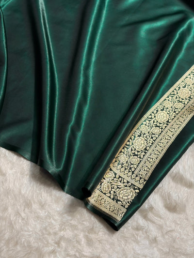 Banarasi Dark Bottle Green Shades Booti Pattern Banarasi Satin Silk Saree SS63